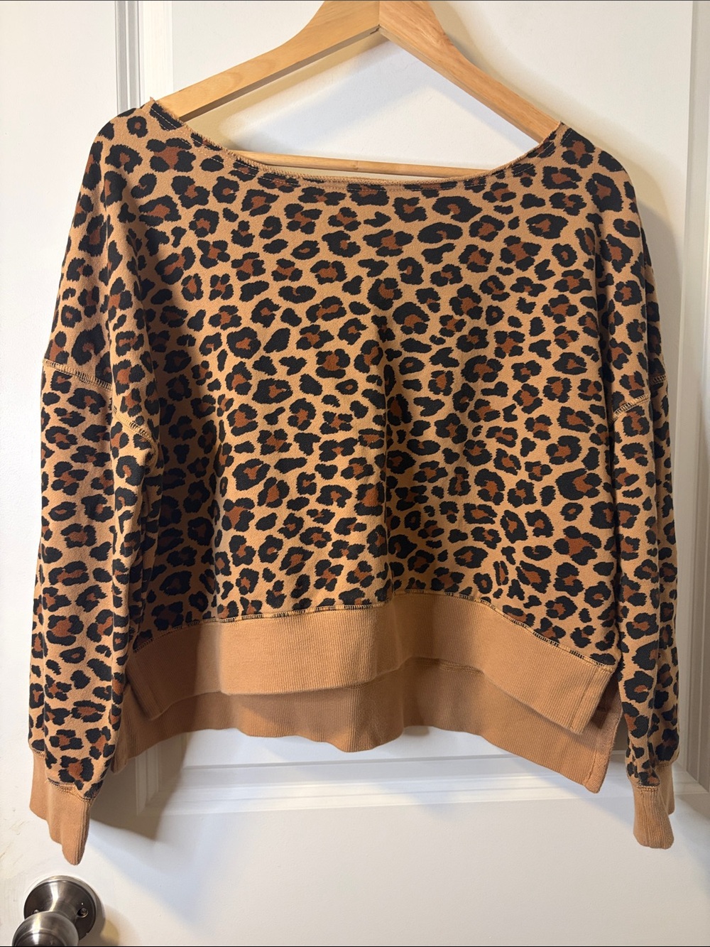 Poppy & Peonies Leopard Print Tan and Black Off-Shoulder Sweater